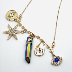 Gold Multi-Charm Necklace with Rainbow Crystal Point and Blue Eye